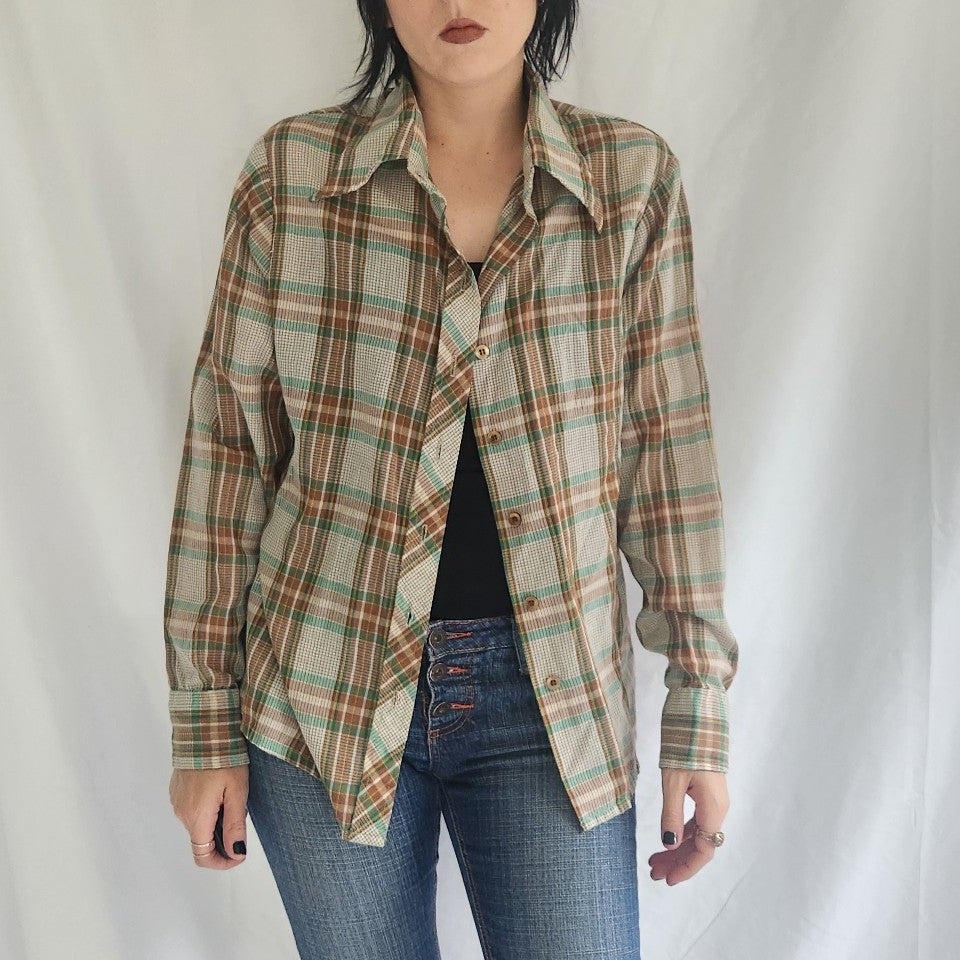 70s Brown and Green Plaid Button Down