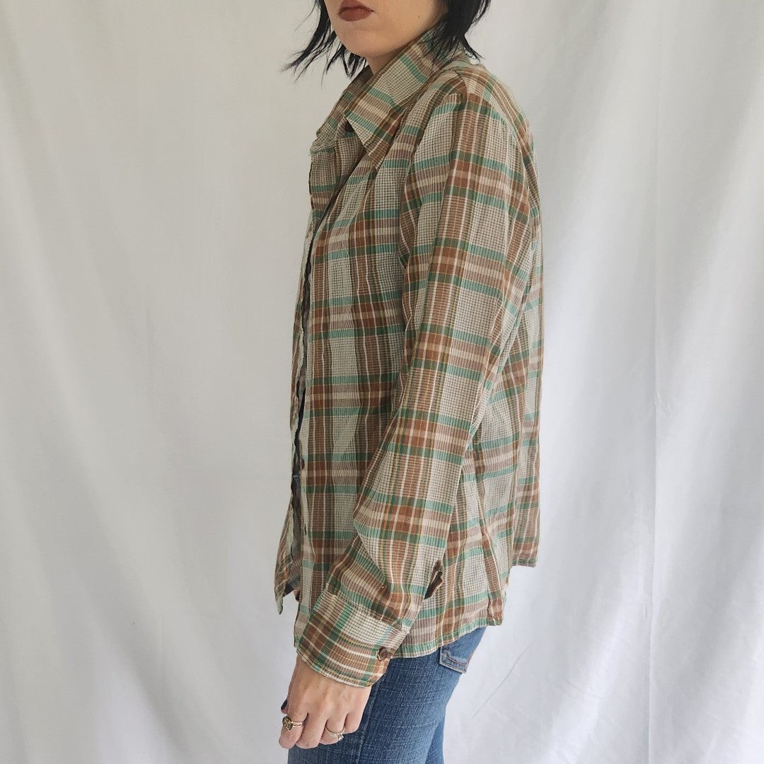 70s Brown and Green Plaid Button Down