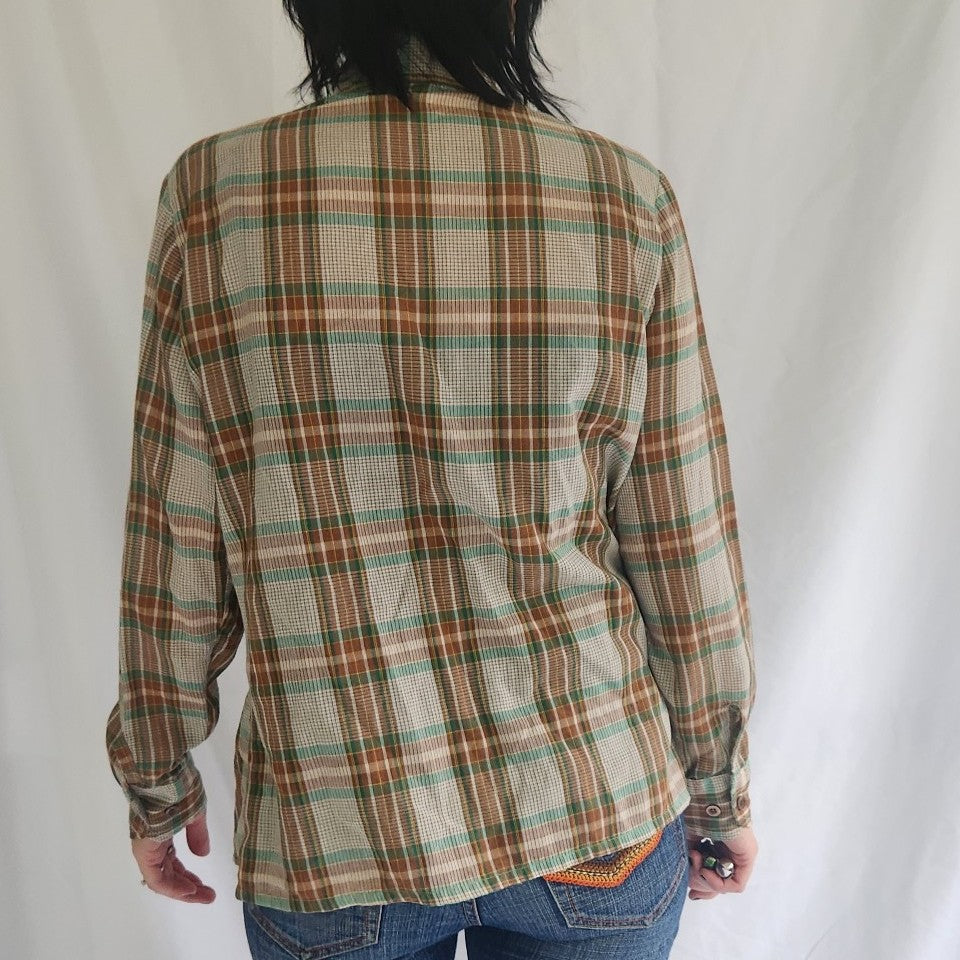 70s Brown and Green Plaid Button Down