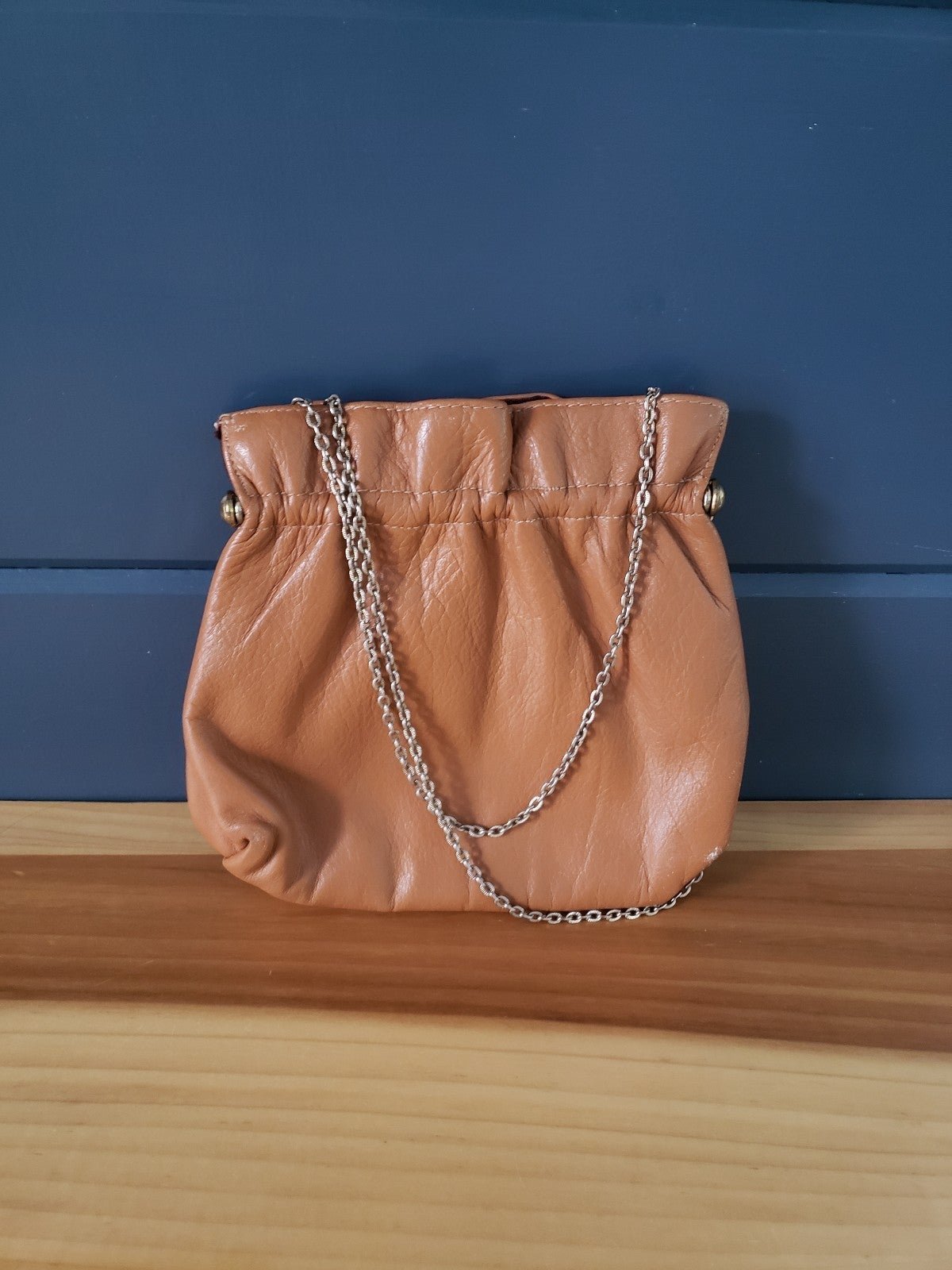 Vintage Tan Vegan Leather Handbag with Gold Chain