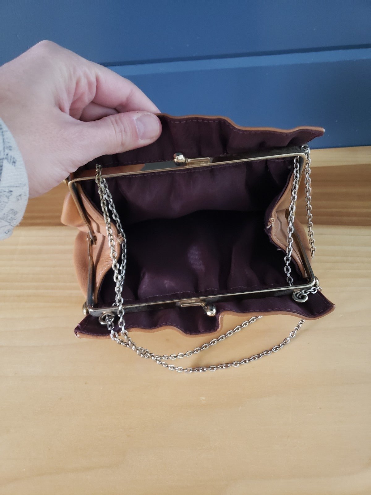 Vintage Tan Vegan Leather Handbag with Gold Chain