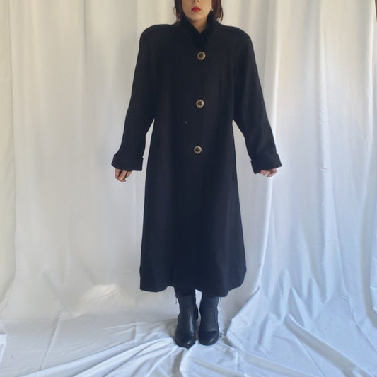 90s Black Wool Overcoat with Velvet Collar