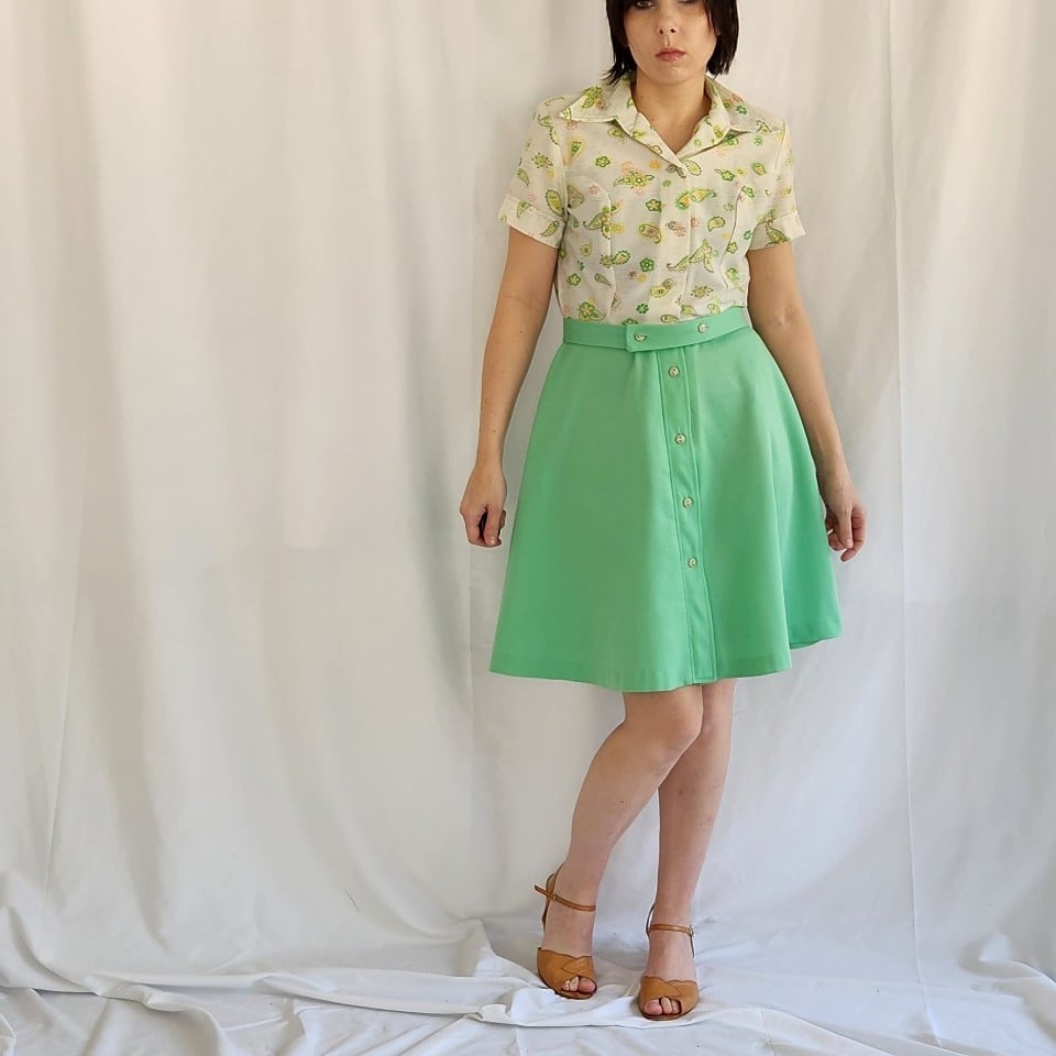 70s Green and White Paisley Dress