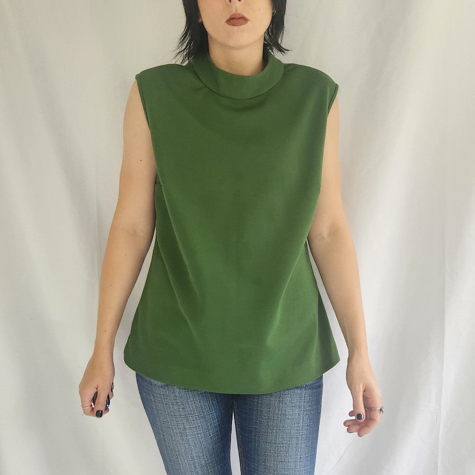 70s Green Mock Neck Sleeveless Top
