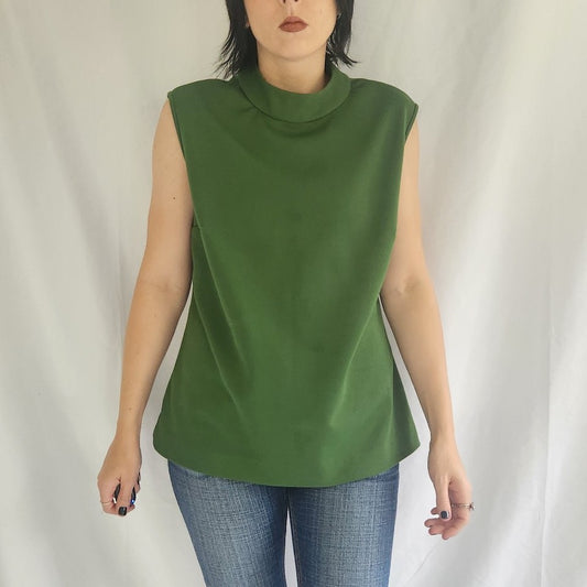 70s Green Mock Neck Sleeveless Top