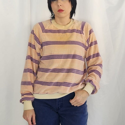 80s Pink and Purple Striped Terrycloth Sweatshirt