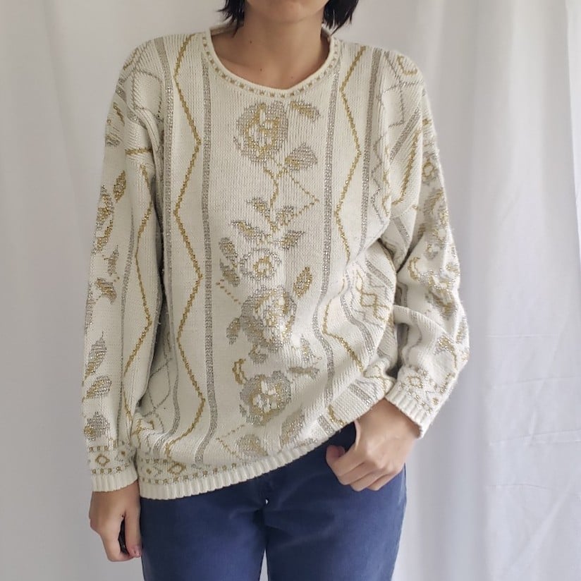 80s White, Gold, and Silver Crew Neck Sweater