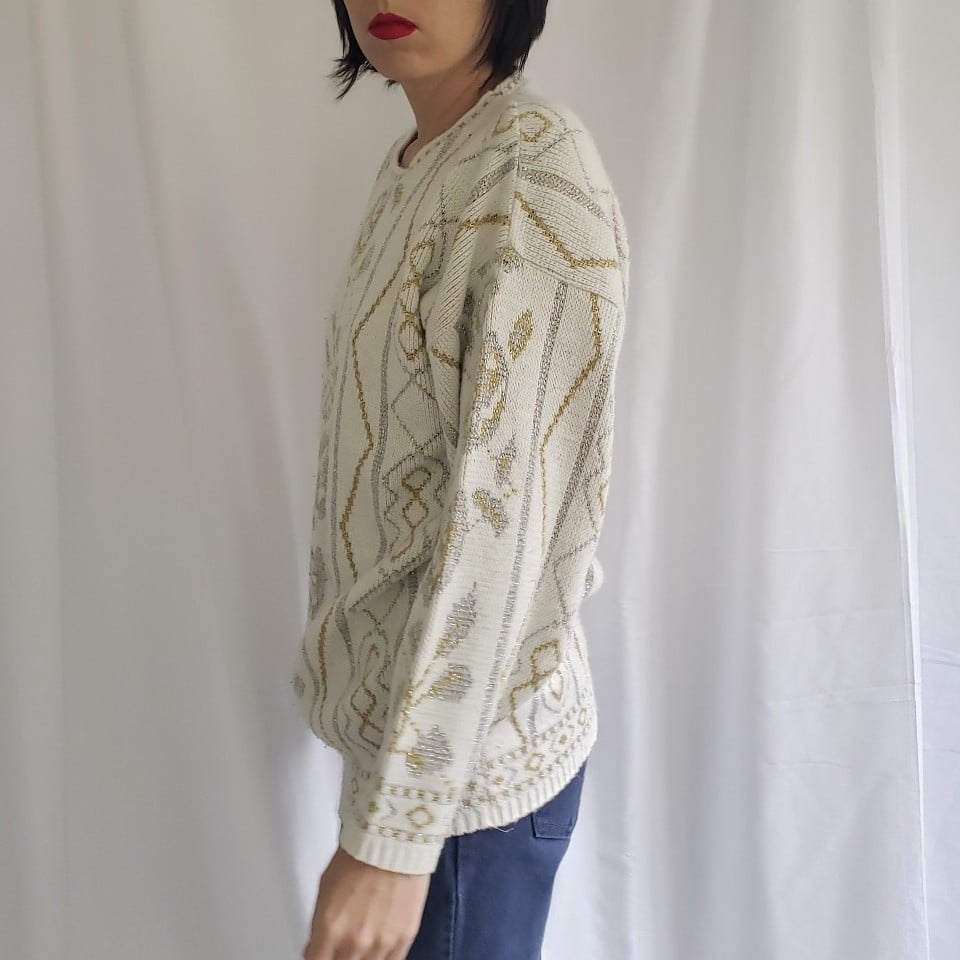 80s White, Gold, and Silver Crew Neck Sweater