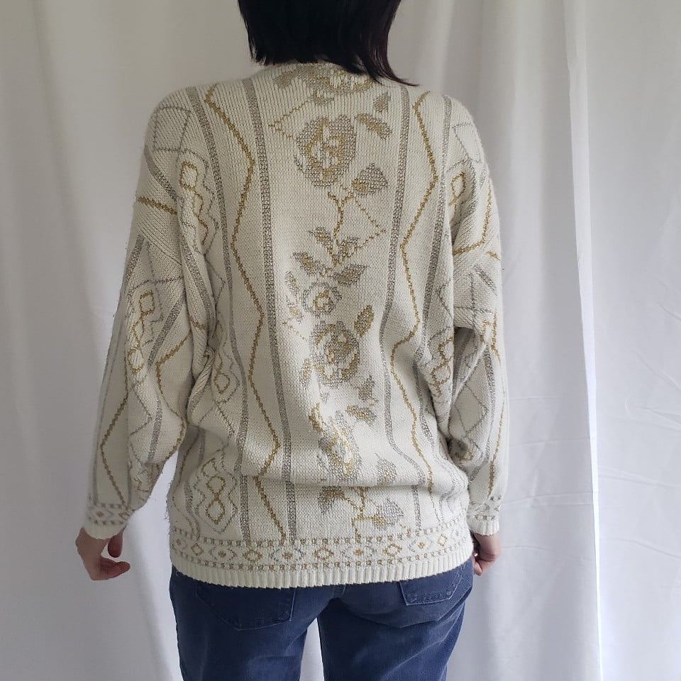 80s White, Gold, and Silver Crew Neck Sweater