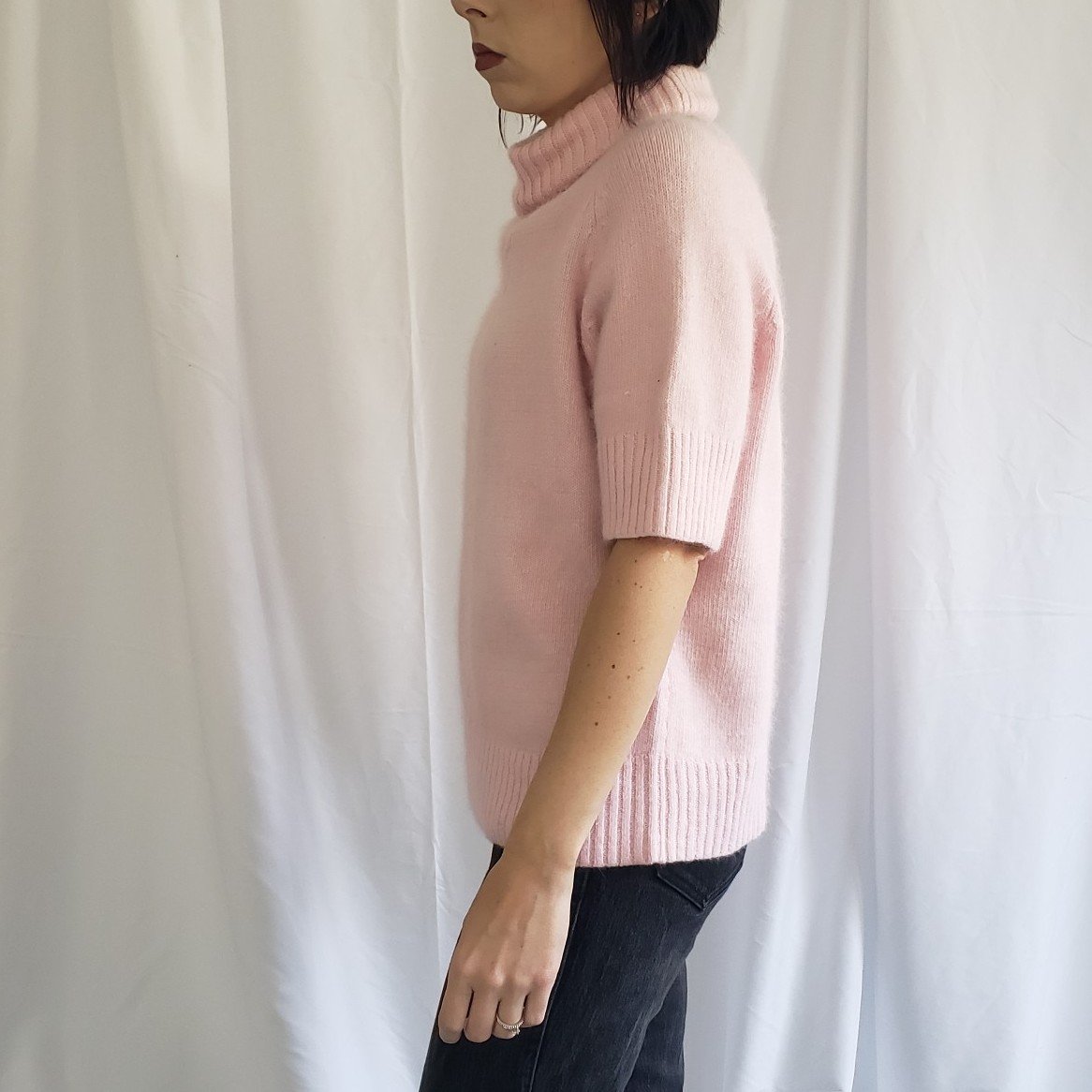 90s Pink Angora Blend Short Sleeve Turtleneck Sweater