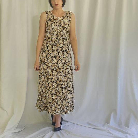 90s Black and Cream Rose Print Sleeveless Maxi Dress