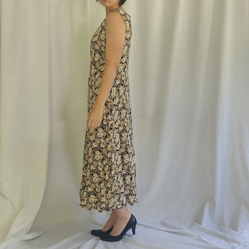 90s Black and Cream Rose Print Sleeveless Maxi Dress