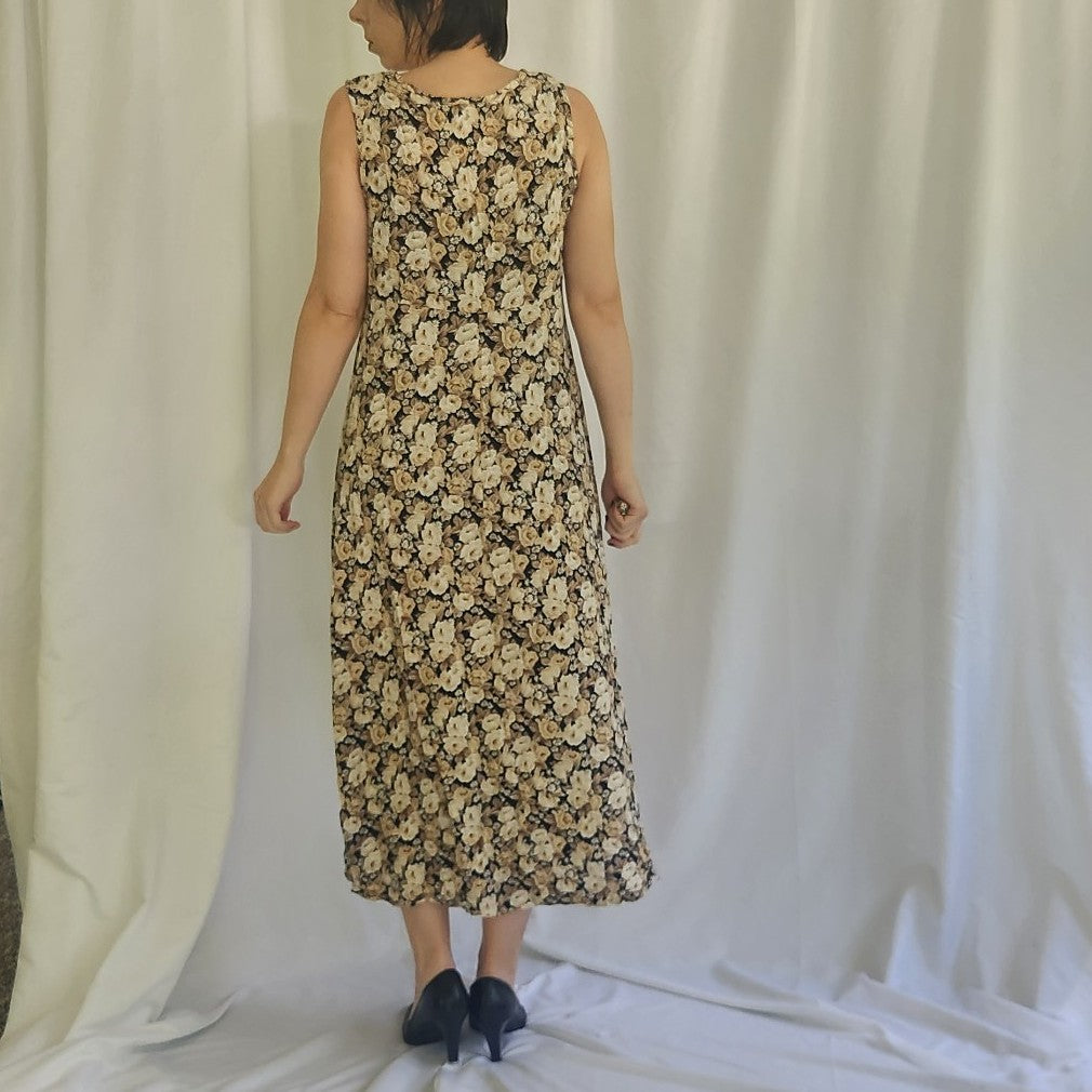 90s Black and Cream Rose Print Sleeveless Maxi Dress