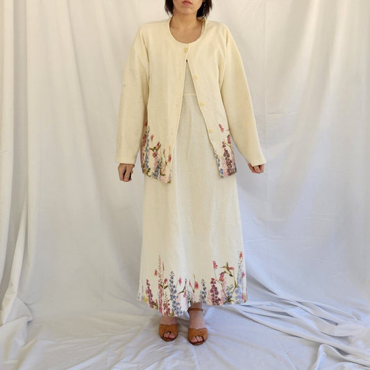 00s Cream Floral Dress, Cardigan, and Scarf Set