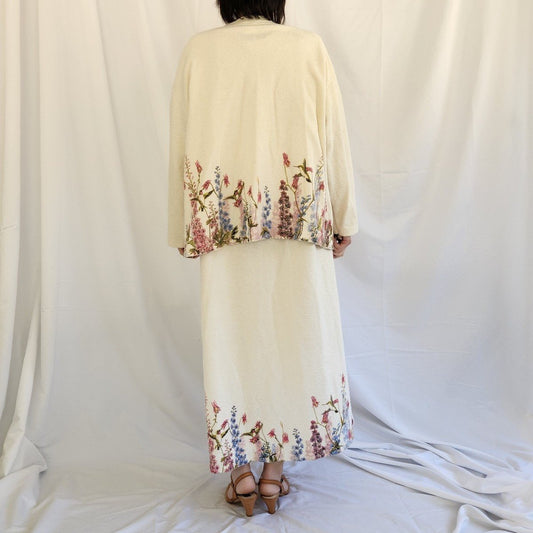 00s Cream Floral Dress, Cardigan, and Scarf Set