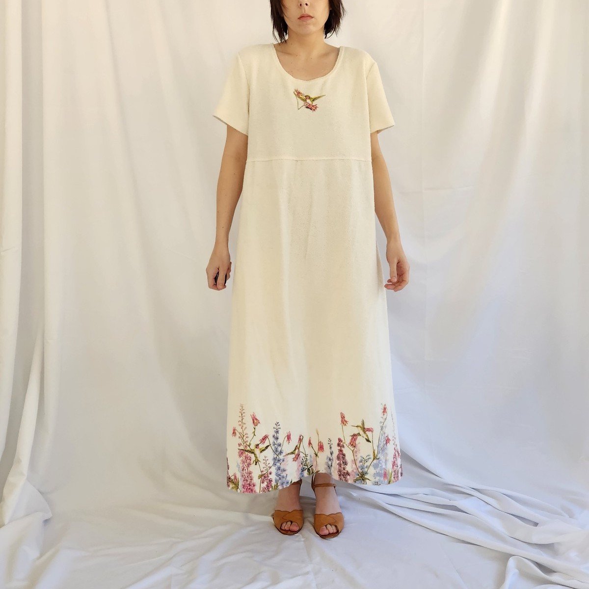 00s Cream Floral Dress, Cardigan, and Scarf Set