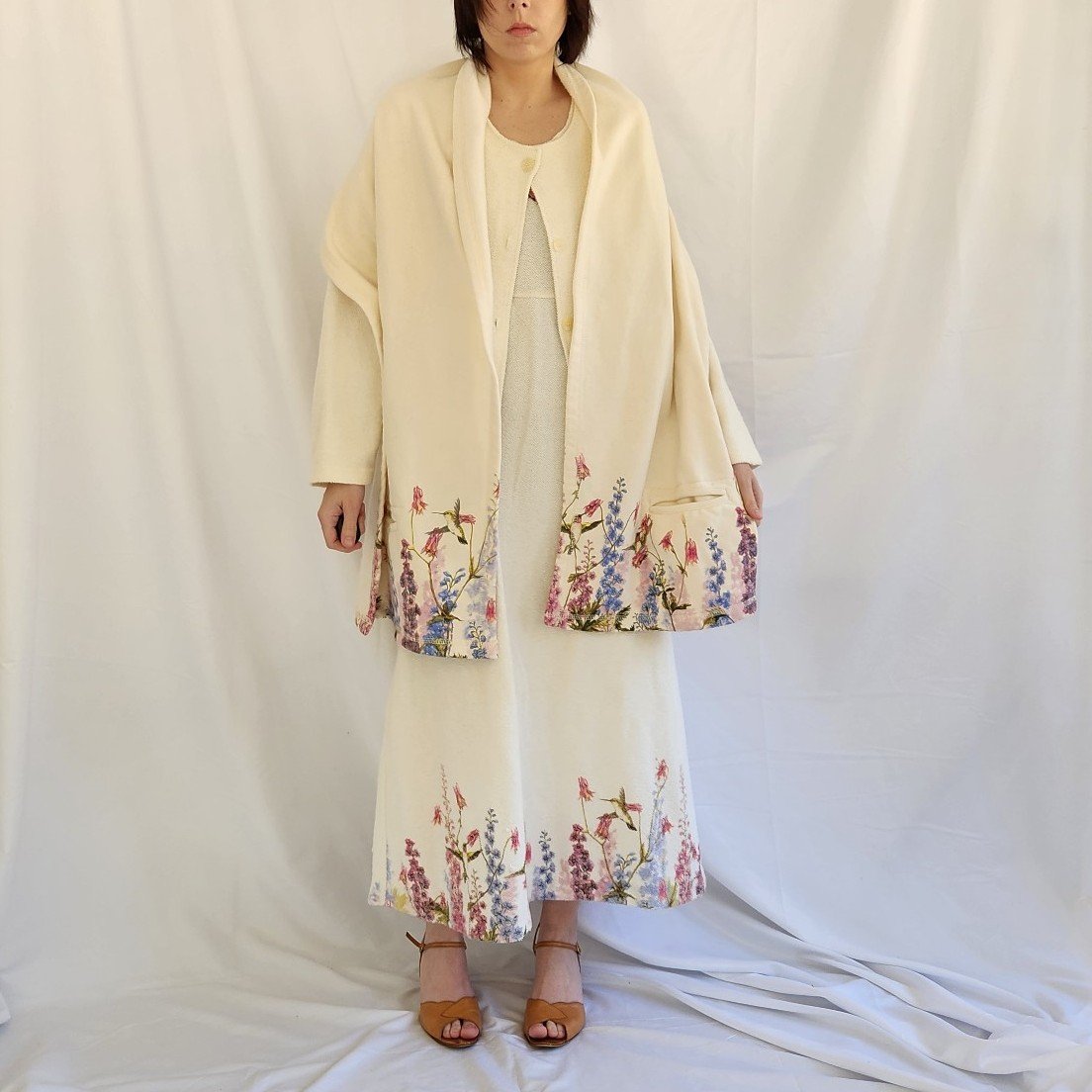 00s Cream Floral Dress, Cardigan, and Scarf Set