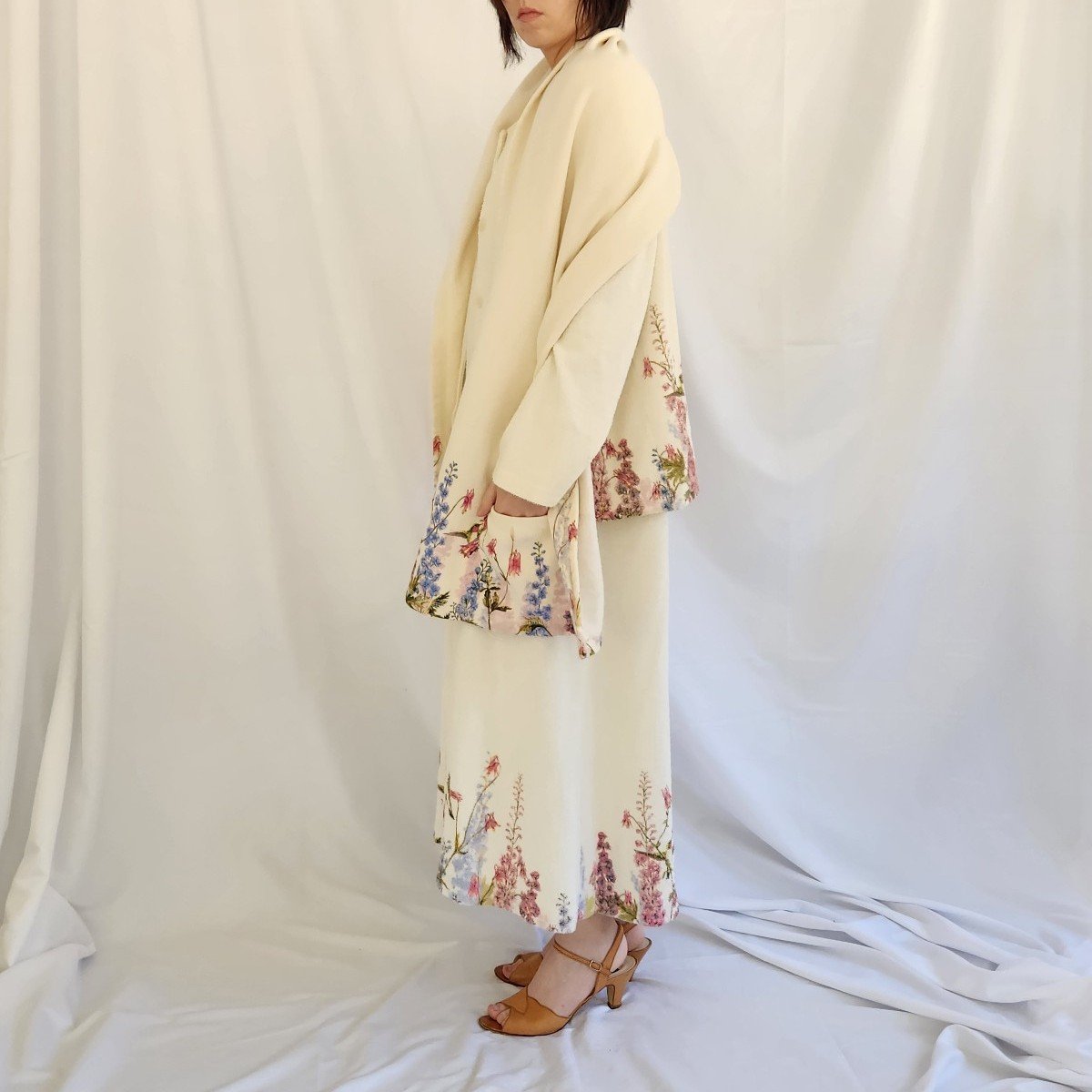 00s Cream Floral Dress, Cardigan, and Scarf Set