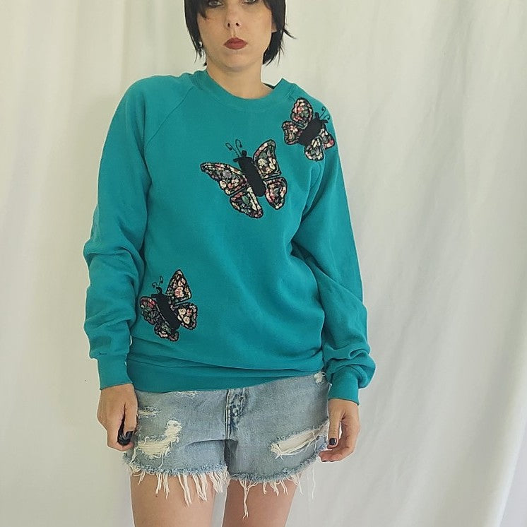 90s Teal Grandmacore Butterfly Upcycled Sweatshirt