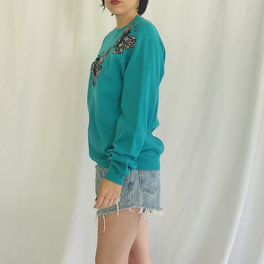 90s Teal Grandmacore Butterfly Upcycled Sweatshirt