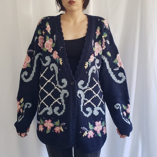 90s Blue Floral Cottagecore Cardigan