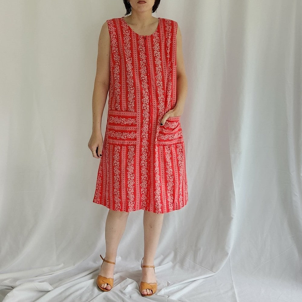 70s Red and White Floral House Dress