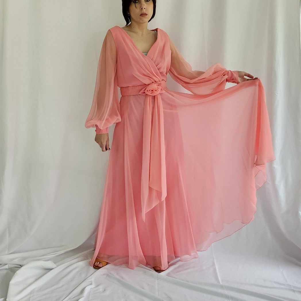 70s Pink Floaty Long Sleeve Dress