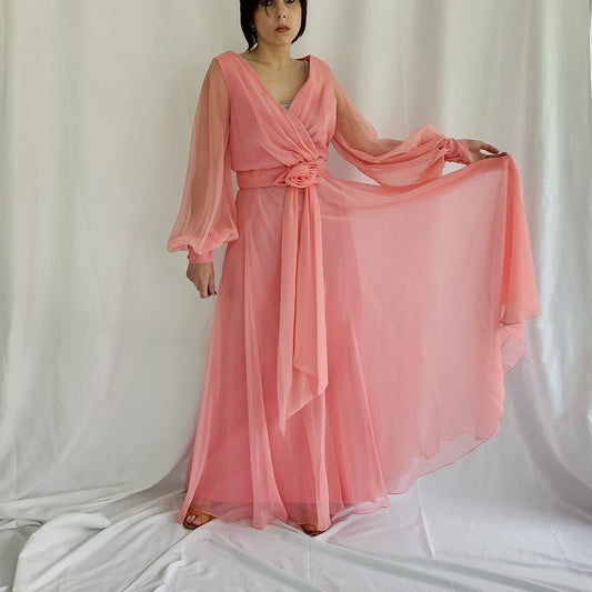 70s Pink Floaty Long Sleeve Dress