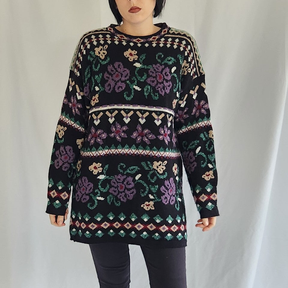 90s Black and Purple Floral Oversize Sweater