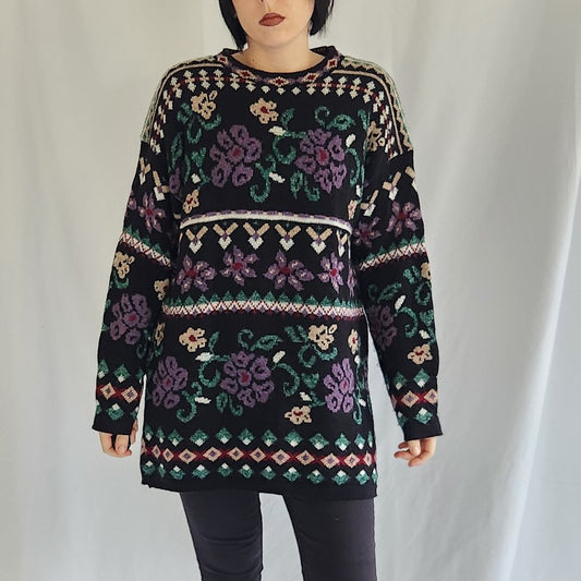 90s Black and Purple Floral Oversize Sweater