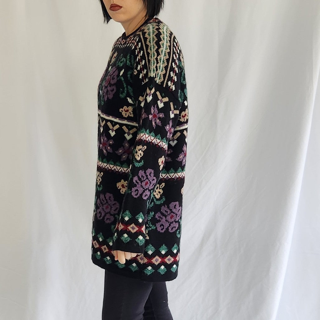 90s Black and Purple Floral Oversize Sweater