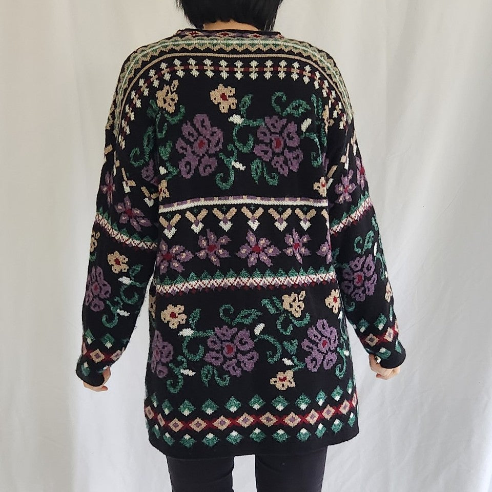 90s Black and Purple Floral Oversize Sweater