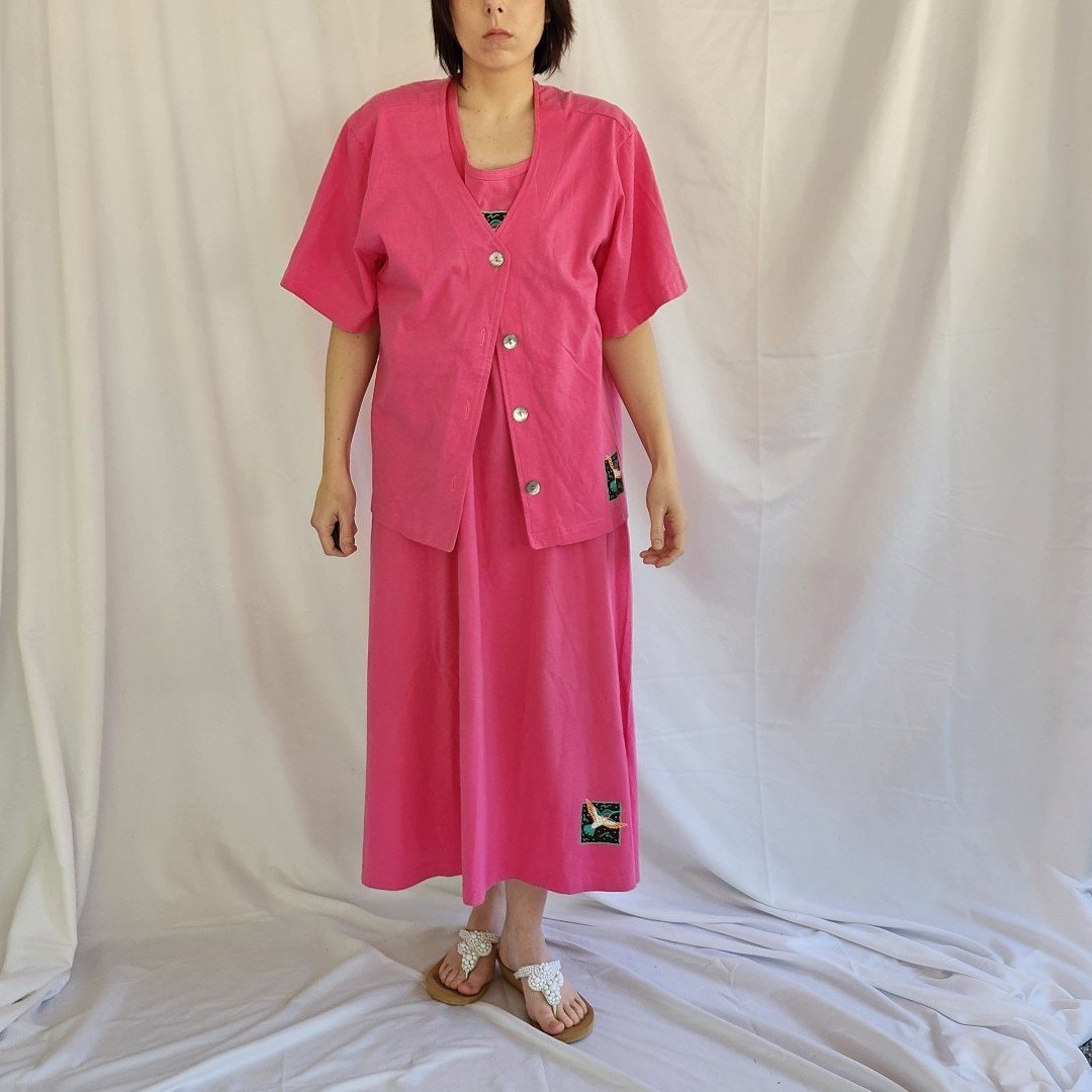 Y2K Pink Cotton Hummingbird Theme Maxi Dress and Shirt