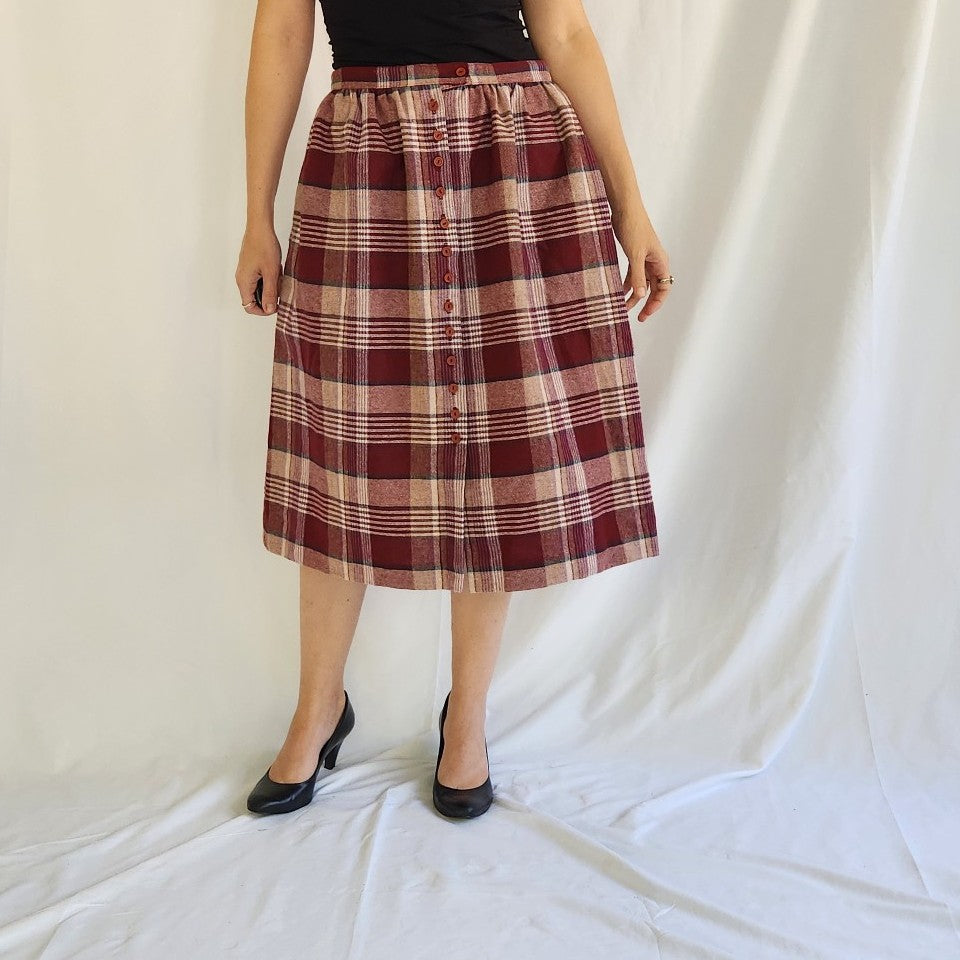 90s Red Button Down Plaid Skirt