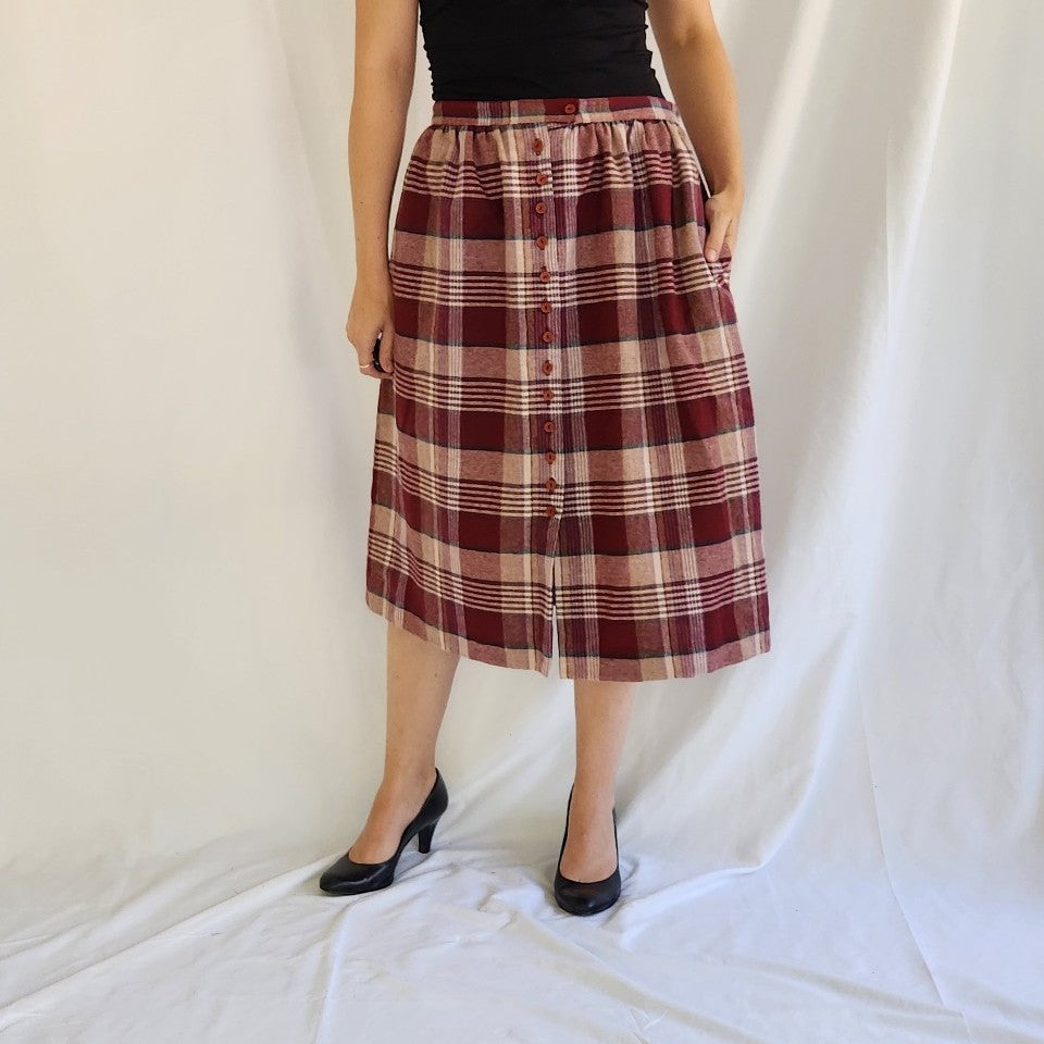 90s Red Button Down Plaid Skirt