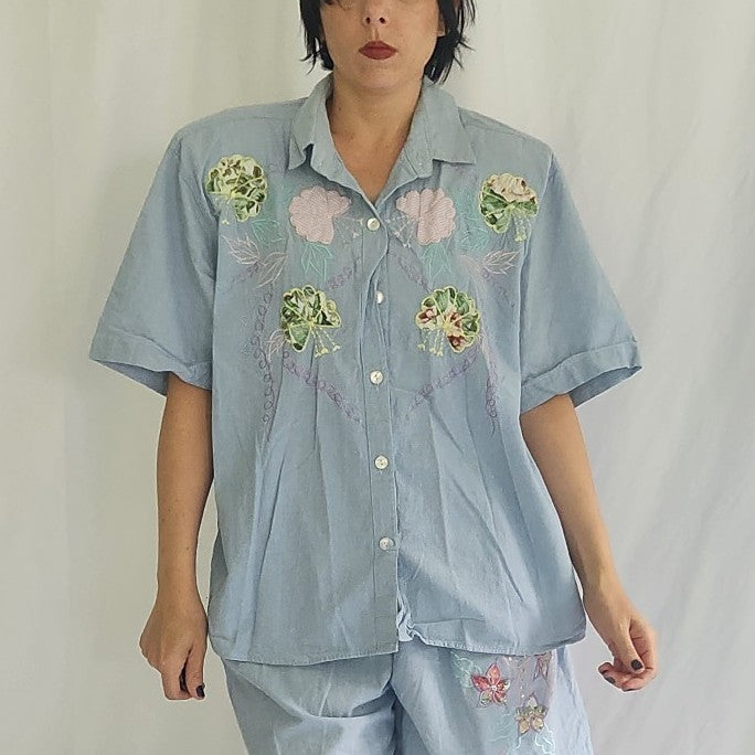 90s Floral Embroidered Chambray Top