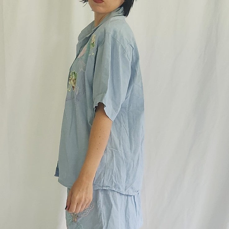 90s Floral Embroidered Chambray Top