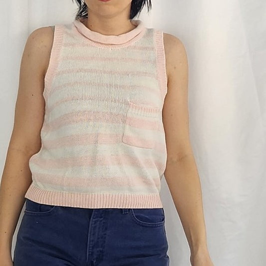 80s Pink and White Striped Sleeveless Sweater
