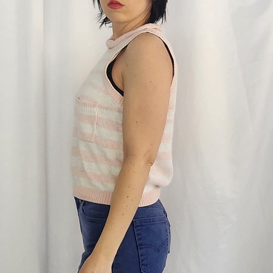80s Pink and White Striped Sleeveless Sweater