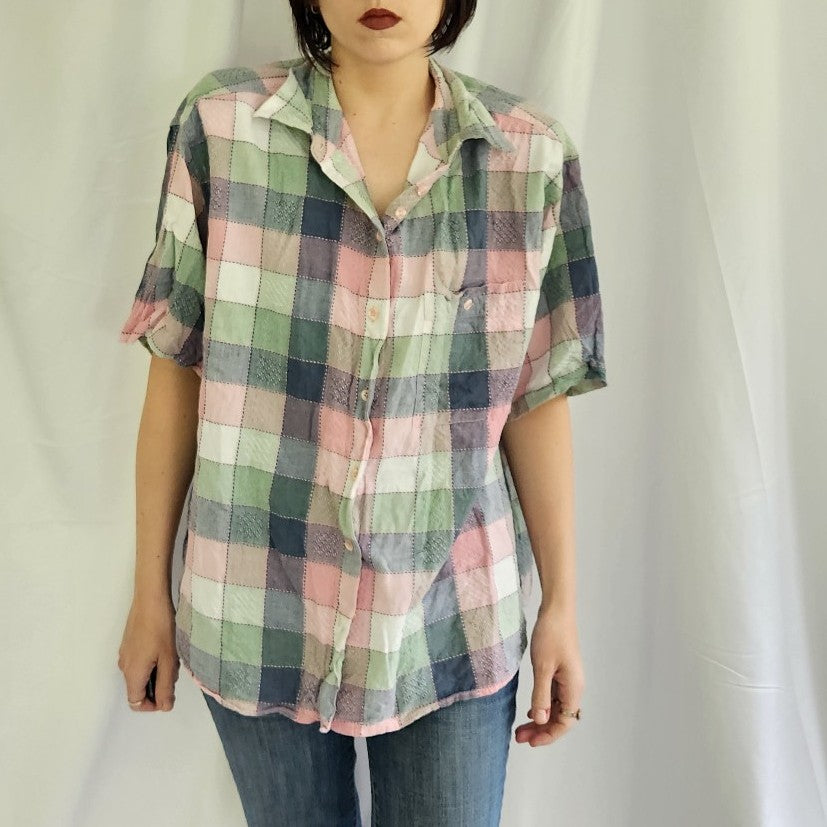 90s Green and Pink Plaid Button Down