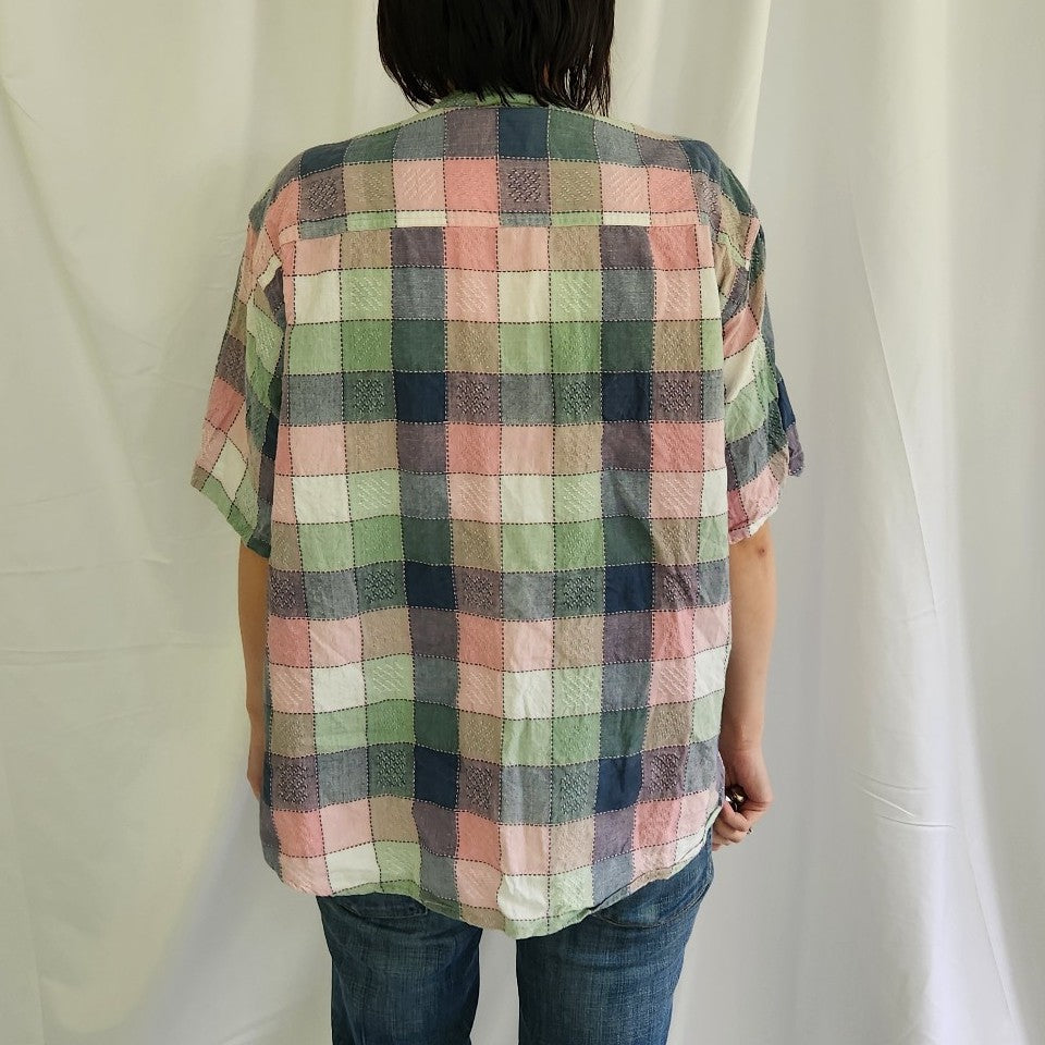 90s Green and Pink Plaid Button Down