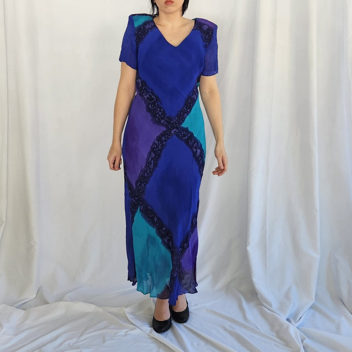 90s Purple and Blue Rayon Maxi Dress