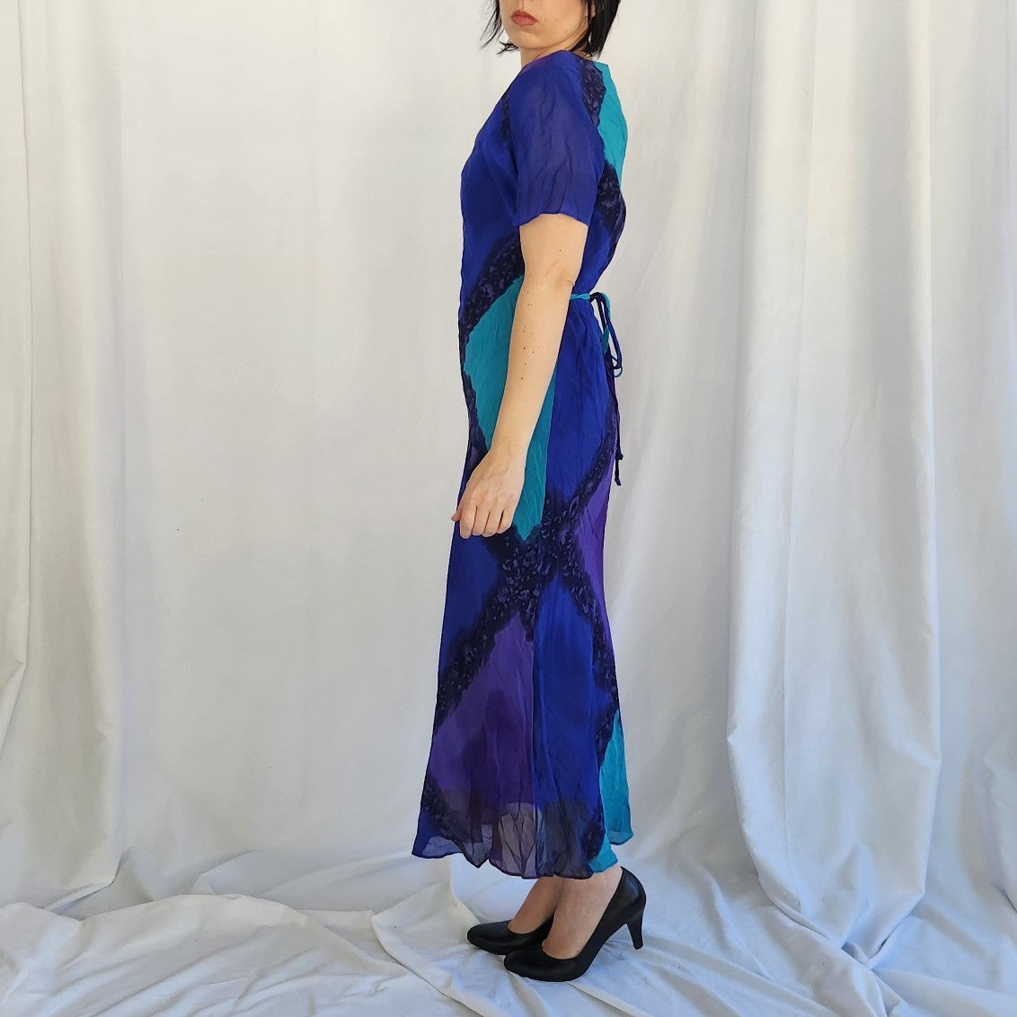 90s Purple and Blue Rayon Maxi Dress