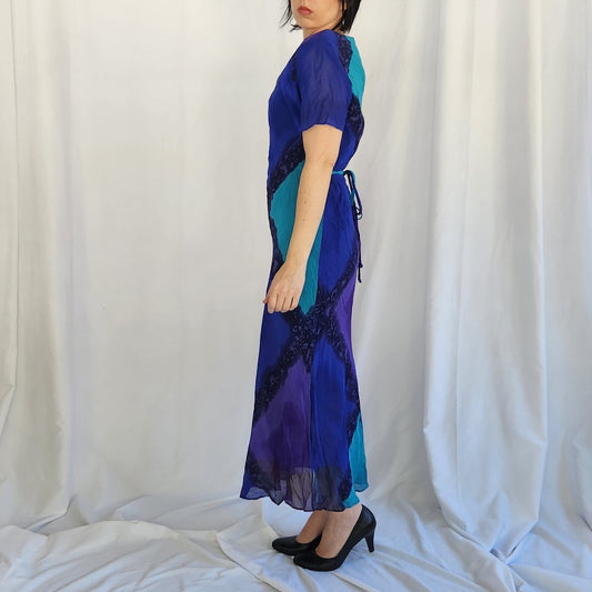 90s Purple and Blue Rayon Maxi Dress