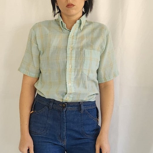 70s Blue and Yellow Plaid Shirt