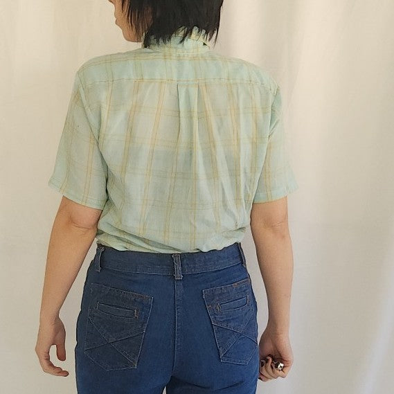 70s Blue and Yellow Plaid Shirt