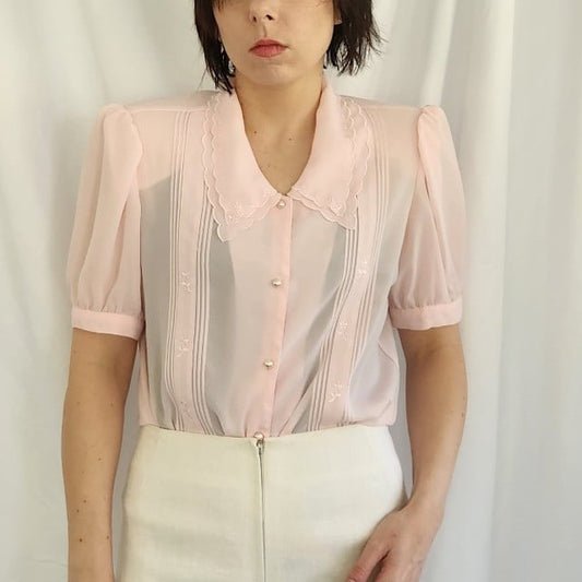 80s Sheer Pink Short Sleeve Blouse