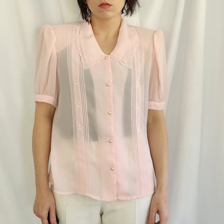 80s Sheer Pink Short Sleeve Blouse