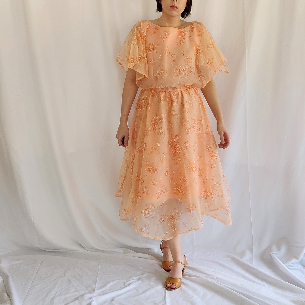70s Coral Pink Flowy Floral Midi Dress