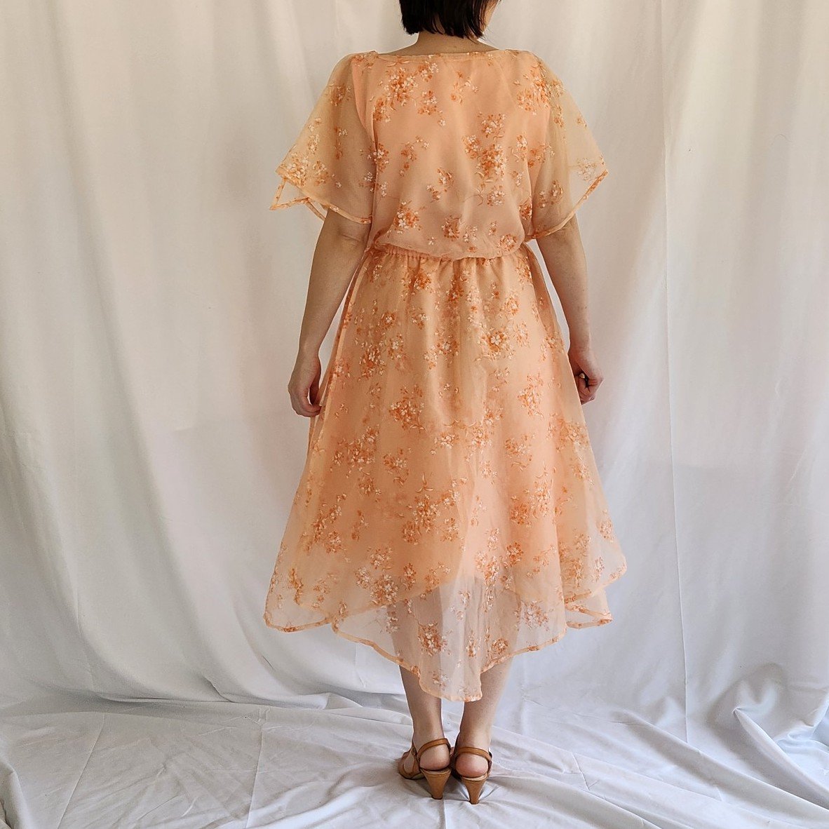 70s Coral Pink Flowy Floral Midi Dress
